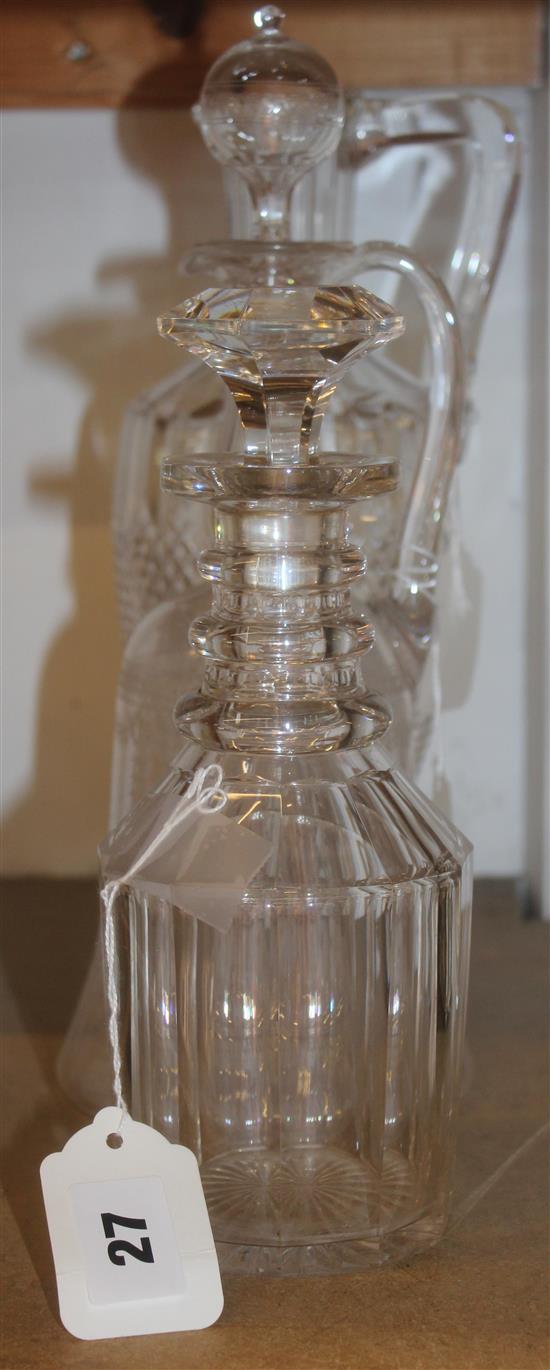 Hobnail pattern cut glass claret jug, an engraved claret jug & stopper & a triple ring neck decanter & stopper